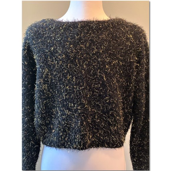 Francesca's Crop Black & Gold Metallic Fuzzy Sweater Size Medium Ivory Rose NWT - Picture 3 of 11